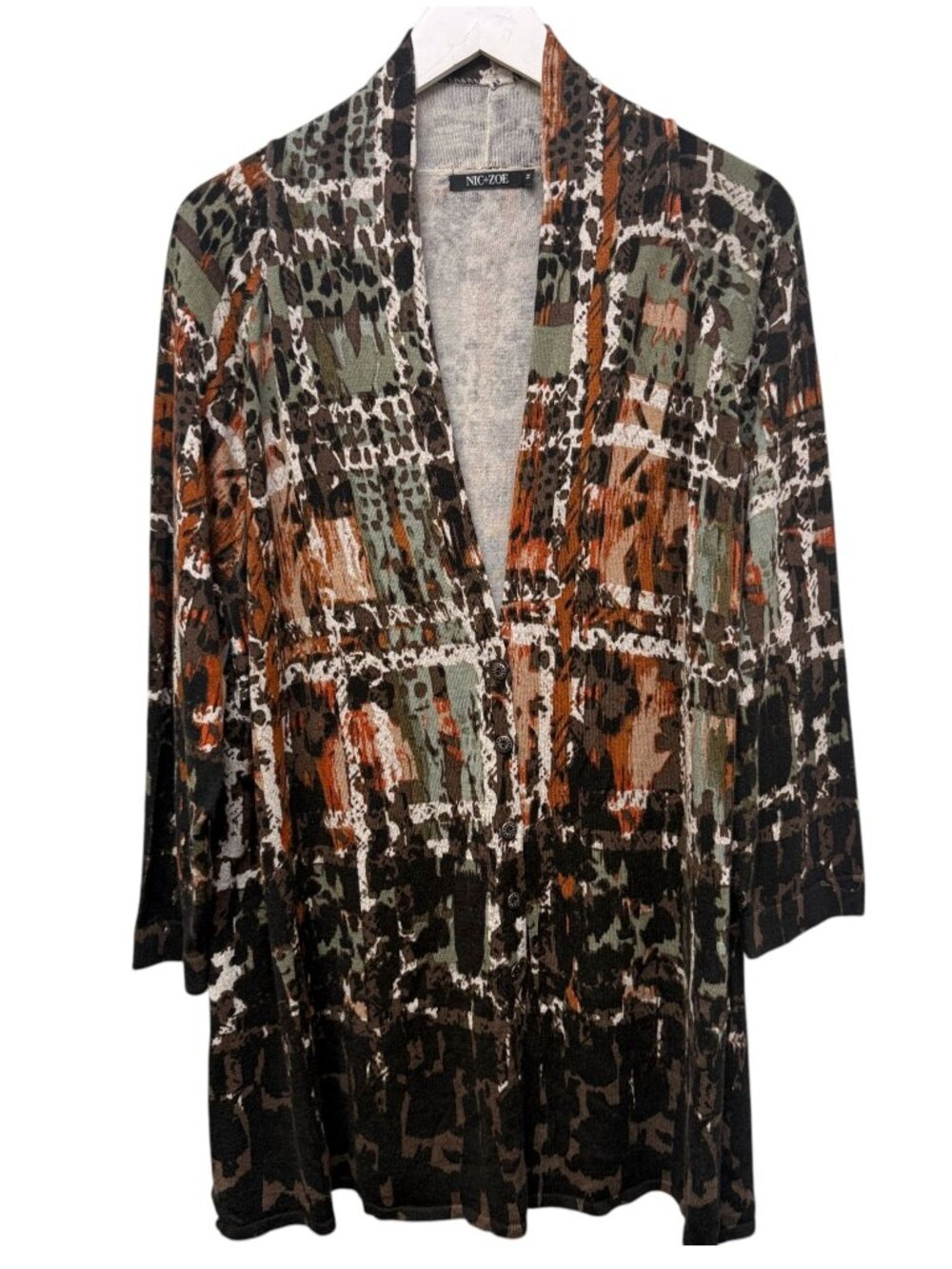 NIC+ZOE Cardigan Plus Size 1X Brown Abstract Tunic Womens Sweater Modern Artsy
